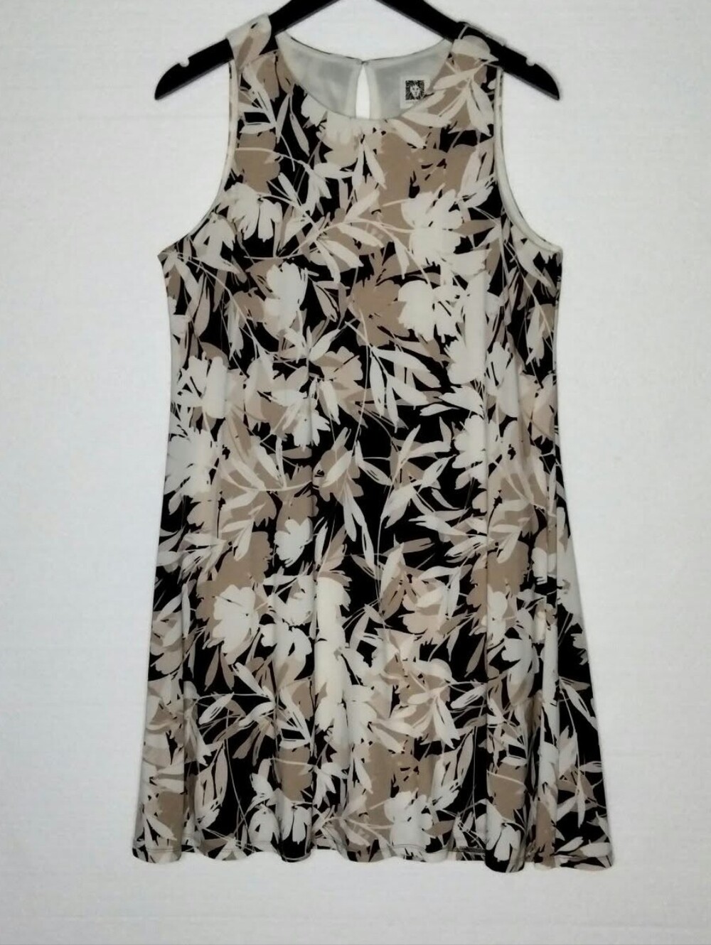 Anne Klein Floral Dress Size 6 Black Beige And Cream Sleeveless A-line